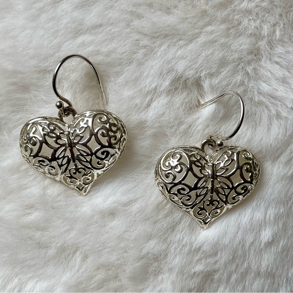 ATI BR TH | Silver Plated Heart Hollow Filigree Style Drop Wire Ear Hoops - Picture 10 of 10